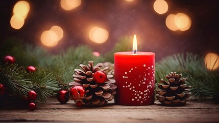 Obraz na płótnie Canvas Christmas background - First Advent Sunday - Red Advent candle with natural Xmas decoration, branches and pine cones on rustic wood with magic lights , copy space, generative ai
