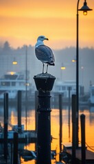 Serene Seagull Perched on Dock Post at Sunset with Harbor View