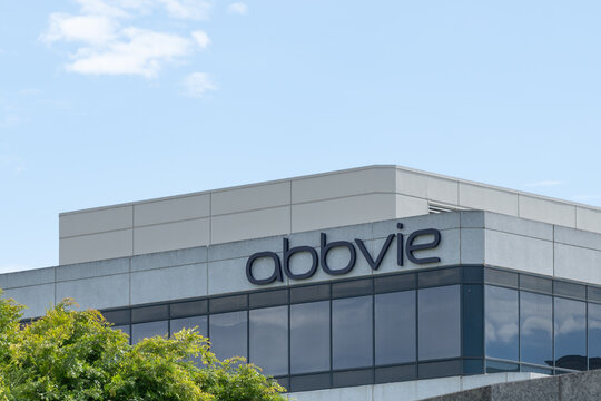 A logo sign on the AbbVie office building in Pleasanton, CA, USA, on June 12, 2023. AbbVie Inc. is an American pharmaceutical company. 