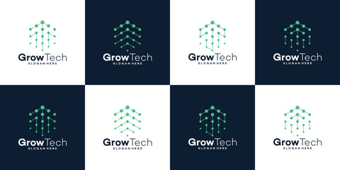 Technology startup growth logo design innovation with abstract dots, molecules and network Internet system graphic design vector illustration. Symbol, icon, creative.