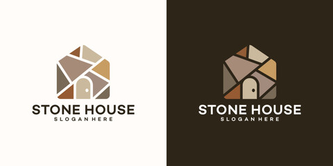 House building logo design template with stone design graphic vector illustration. Symbol, icon, creative. - obrazy, fototapety, plakaty