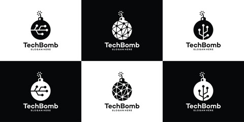 Collection of Bomb logo design template with abstract dot, molecule and network Internet system design graphic vector illustration. Symbol, icon, creative. - obrazy, fototapety, plakaty