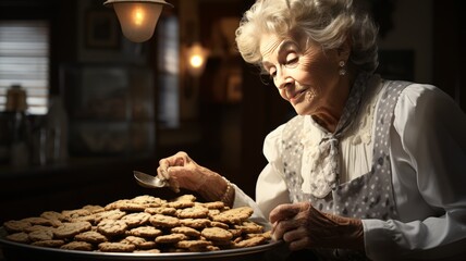 elderly woman enjoying her favorite hobby, baking cookies and enjoying pastries - obrazy, fototapety, plakaty