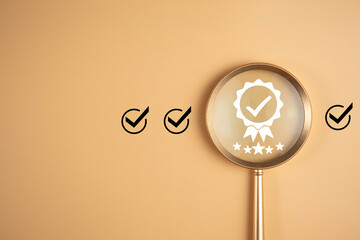 Quality guarantee and best service value concept. Warranty assurance with five stars in magnifying glass focus. High quality management of  product and certificate award, business excellence.