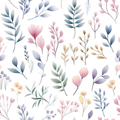 Seamless pattern with minimalistic plants and flowers in watercolor style
