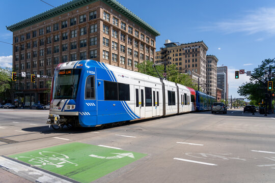 A UTA TRAX light rail train in downtown Salt Lake City, Utah, USA - June 24, 2023. TRAX is a light rail system in the Salt Lake Valley of Utah. 