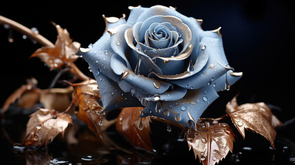 Beautiful blue rose with water drops on black background, closeup, 