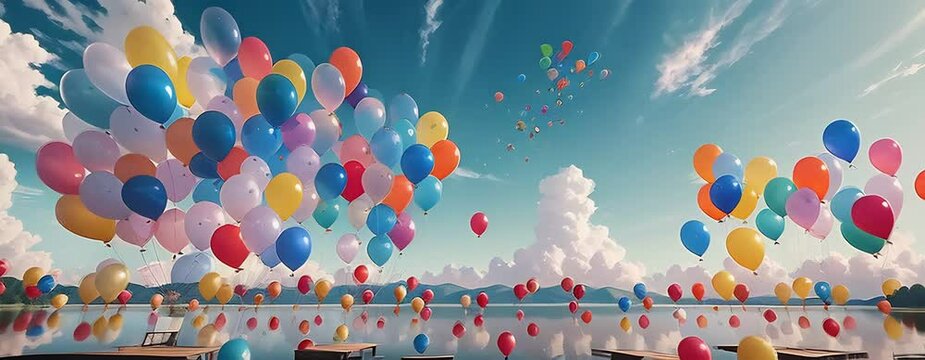 Colorful Serene Balloons Floating Over a Tranquil Lake with Vibrant Sky - Beautiful Ethereal Image of Joyful Summertime Relaxation and Nature's Blissful Reflection. Generative AI