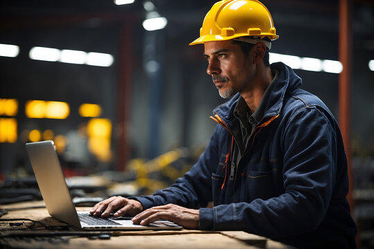 Industrial worker using a laptop in the factory, generative AI