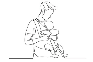 one line drawing of father holding son. continuous line of father carrying child in baby carrier