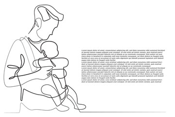 one line drawing of father holding son. continuous line of father carrying child in baby carrier