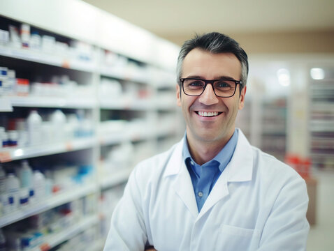 Pharmacist in a drug store.Generative ai
