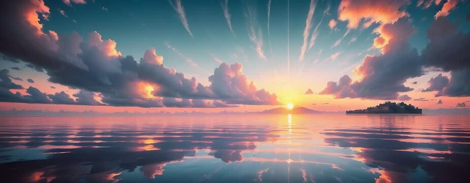 Radiant Serenity: Captivating Sunset Over Water with Island Silhouette and Clouds – Scenic Nature Landscape Photography for Relaxation and Inspirational Backgrounds. Generative AI
