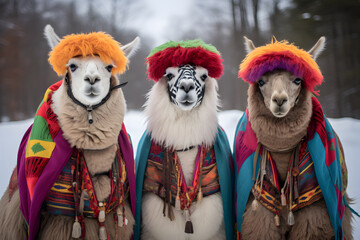 Fototapeta na wymiar funny llamas, llama clothes, funny winter clothes animal