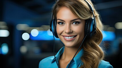 cheerful young woman working as a call center agent, wearing headphones with confident smile , professional manager, telemarketing concept 