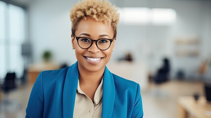 portrait of a smiling manager, african american woman with beautiful confident smile, office background