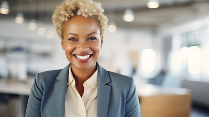 portrait of a smiling businesswoman, successful african american, office background
