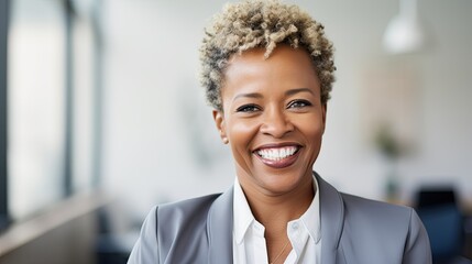 portrait of a smiling female expert, professional and successful black woman looking at a camera, businesswoman on office background