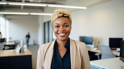 portrait of a businesswoman in the office, portrait of a smiling female expert, professional and successful black woman looking at a camera, businesswoman on office background