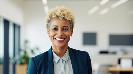 portrait of a smiling businesswoman on office background, successful african american lawyer