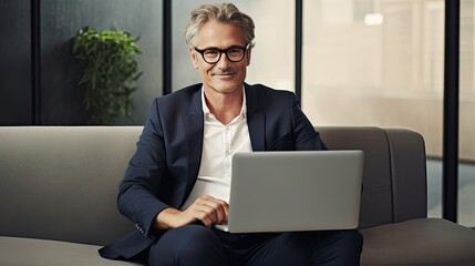 Smiling mature businessman sitting in office lobby