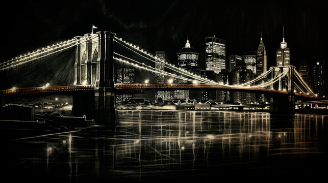 Illustration of the Brooklyn Bridge in New York City drawn on black paper