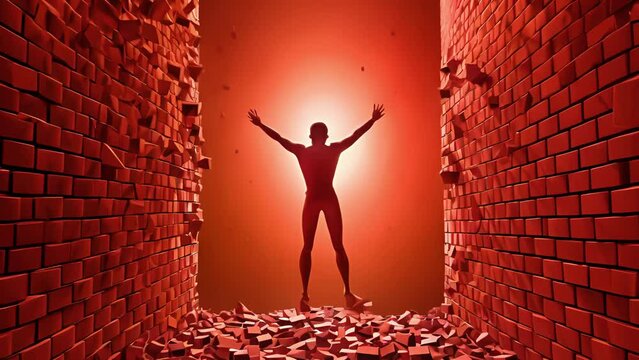 Breaking through boundaries an image of a person jumping through a wall of red bricks arms stretched wide Psychology emotions concept. .