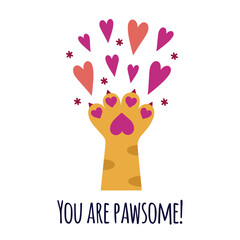 Cat paw with bright hearts, vector icon. Kitten foot with soft pink pads, claws, striped fur. Hand of a cute pet raised up, isolated on white. Flat cartoon clipart for Valentines day, date, cards, web