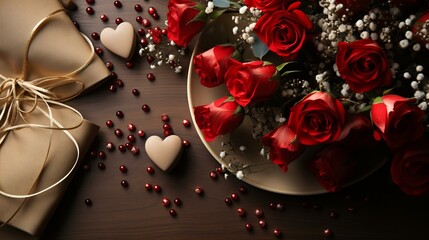 赤い薔薇とバレンタインのプレゼント - obrazy, fototapety, plakaty