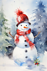 Watercolor Painting, Christmas Snowman, Generative AI