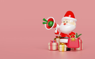 3d santa claus with shopping paper bags, gold ribbon, pine leaves, gift box, megaphone or hand speaker, announce promotion news. merry christmas and happy new year, 3d render illustration
