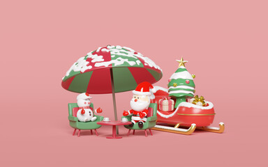 3d santa claus with snowman, christmas tree, sofa chair, umbrella,  gift box, sleigh. merry christmas and happy new year, 3d illustration render
