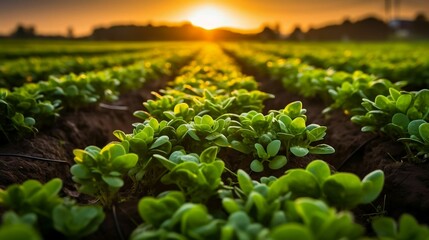 A sunrise illuminating a field of young crops
