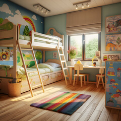 Cozy children bedroom with bunk beds, desk, toys, posters on the walls and a window with a view outside.