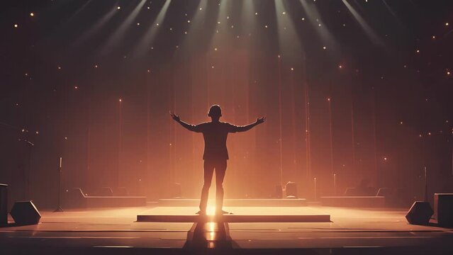 Minimal flat motion of a person standing in front of a stage, eyes closed and hands outstretched, fully immersed in the live music experience. 2D cartoon animation. .