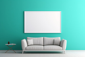 Large empty turquoise wall with white empty frame furniture decoration. Ai generated images