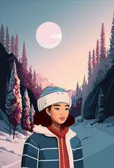 Girl in a cozy winter clothing in a serene winter scene