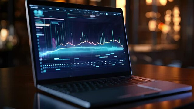 A digital blueprint of business success and analysis, conceptualized as a holographic growth graph on a laptop screen.