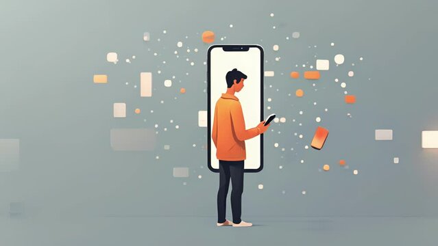 Minimal flat motion of a person constantly checking their phone for notifications or responses, driven by the need for constant approval and affirmation 2D cartoon animation. .
