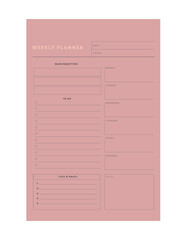 weekly planner. (Pink) Minimalist planner template set. Vector illustration.	