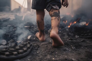 Close up on dirty feet of an unrecognizable orphan kid affected by war; child alone in the middle of earthquake or bomb explosion destruction; sad Little Boy in destroyed in Israel Gaza or Ukraine - obrazy, fototapety, plakaty