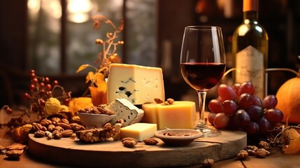 Cheese plate with grapes, walnuts and a glass of white wine