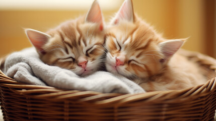 Fototapeta na wymiar Two little kittens hug each other and sleep sweetly, concept of love, romance