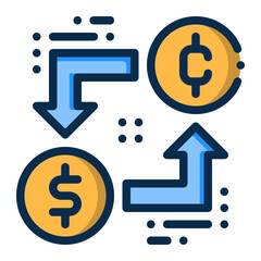 Money exchange icon represented by coins and arrows