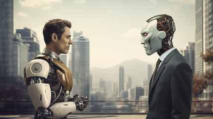 Man and AI robot waiting for a job interview: AI vs human competition - obrazy, fototapety, plakaty