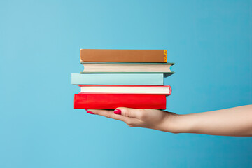 hand holding a pile of books on blue background