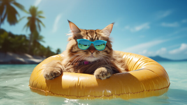 realistic photo of a funny cat in summer. cat inside an inflatable ring, against the backdrop of the sea 