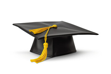 black graduation cap with yellow tassel isolated on white background