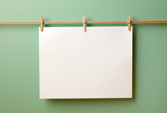 blank white paper attached with wooden pegs to a string. Ai generated images