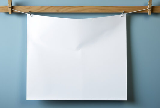 blank white paper attached with wooden pegs to a string. Ai generated images